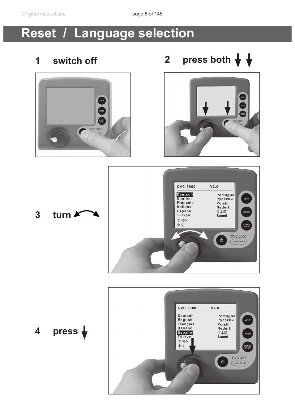 Reset / language selection, 1 switch off 2 press both 3 turn 4 press | VACUUBRAND PC 3012 NT VARIO Duo User Manual | Page 14 / 151
