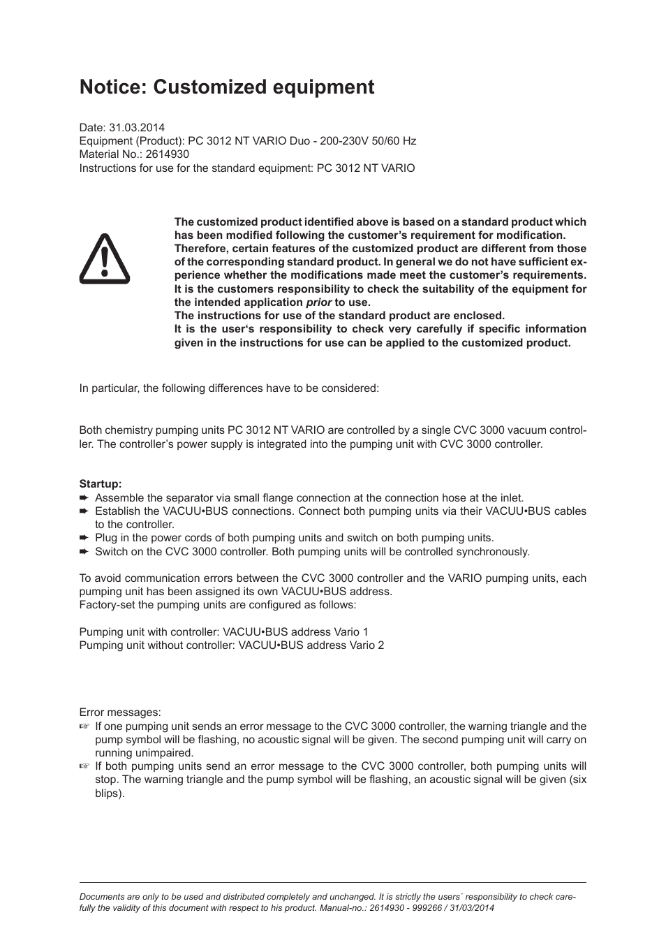 Notice: customized equipment | VACUUBRAND PC 3012 NT VARIO Duo User Manual | Page 3 / 151