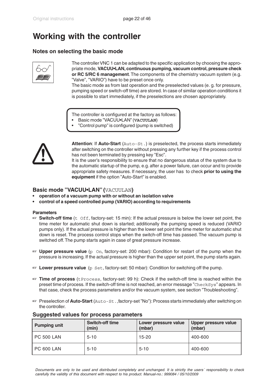 Working with the controller, Basic mode ”vacuu•lan” ( vacuulan ), Suggested values for process parameters | VACUUBRAND PC 600 LAN User Manual | Page 22 / 46