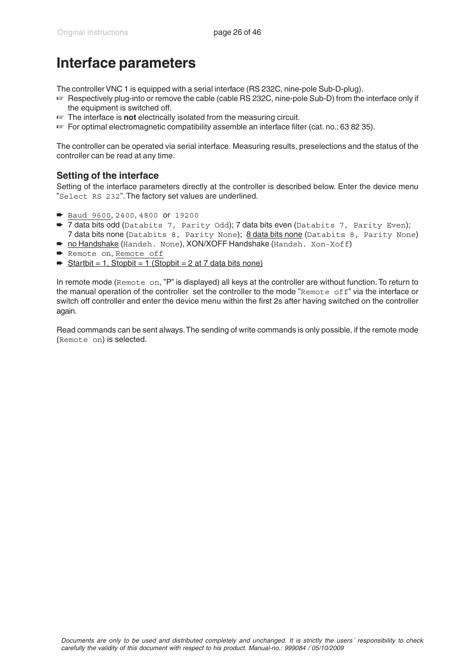 Interface parameters | VACUUBRAND PC 600 LAN User Manual | Page 26 / 46