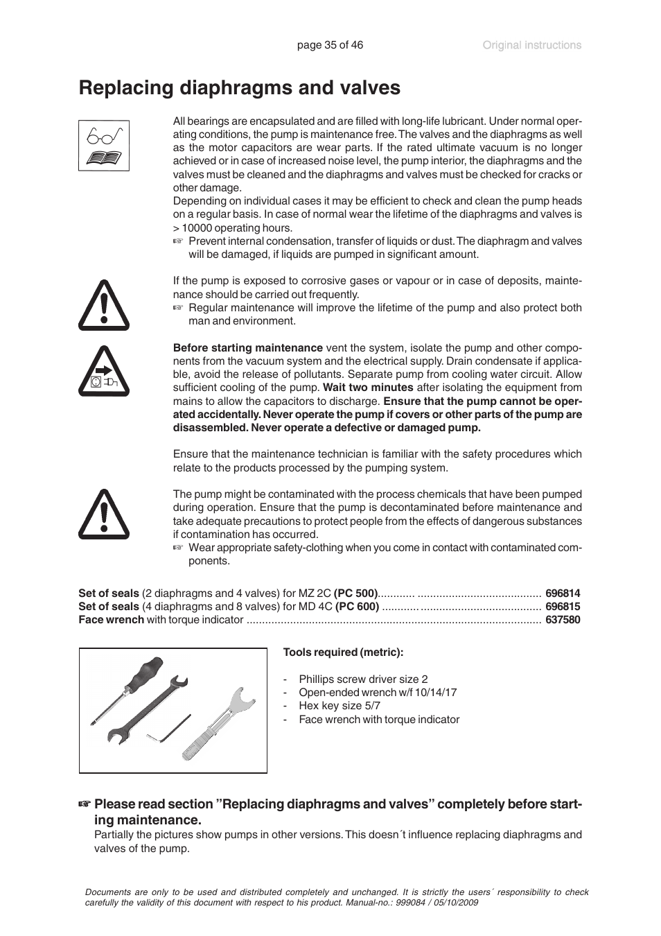 Replacing diaphragms and valves | VACUUBRAND PC 600 LAN User Manual | Page 35 / 46