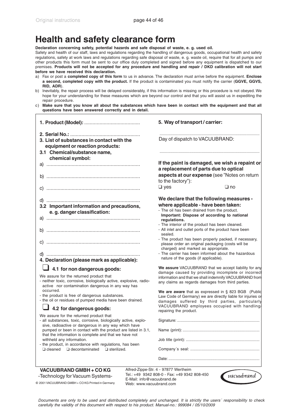 Health and safety clearance form | VACUUBRAND PC 600 LAN User Manual | Page 44 / 46