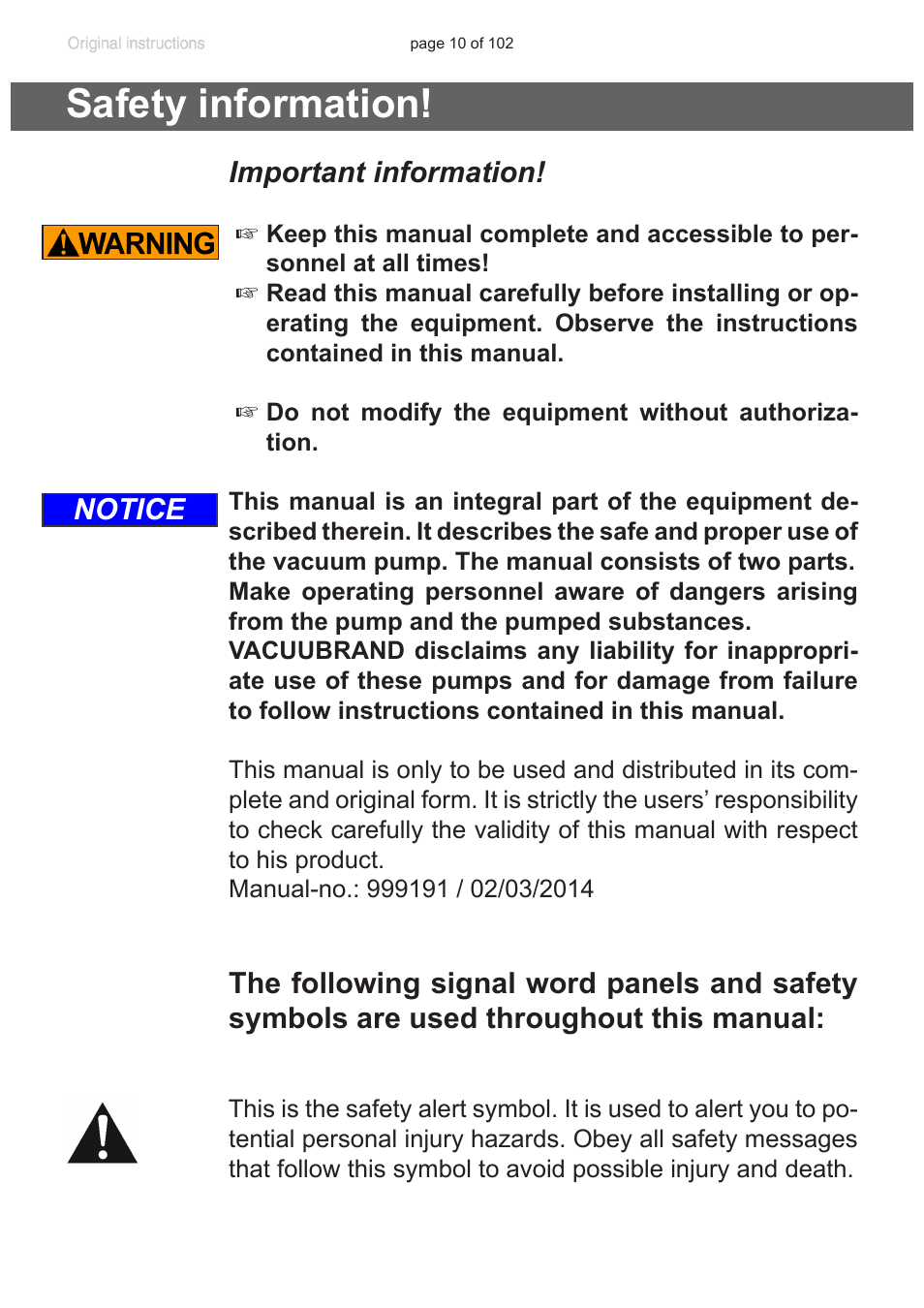 Safety information, Important information, Notice | VACUUBRAND PC 600 LAN NT User Manual | Page 10 / 102