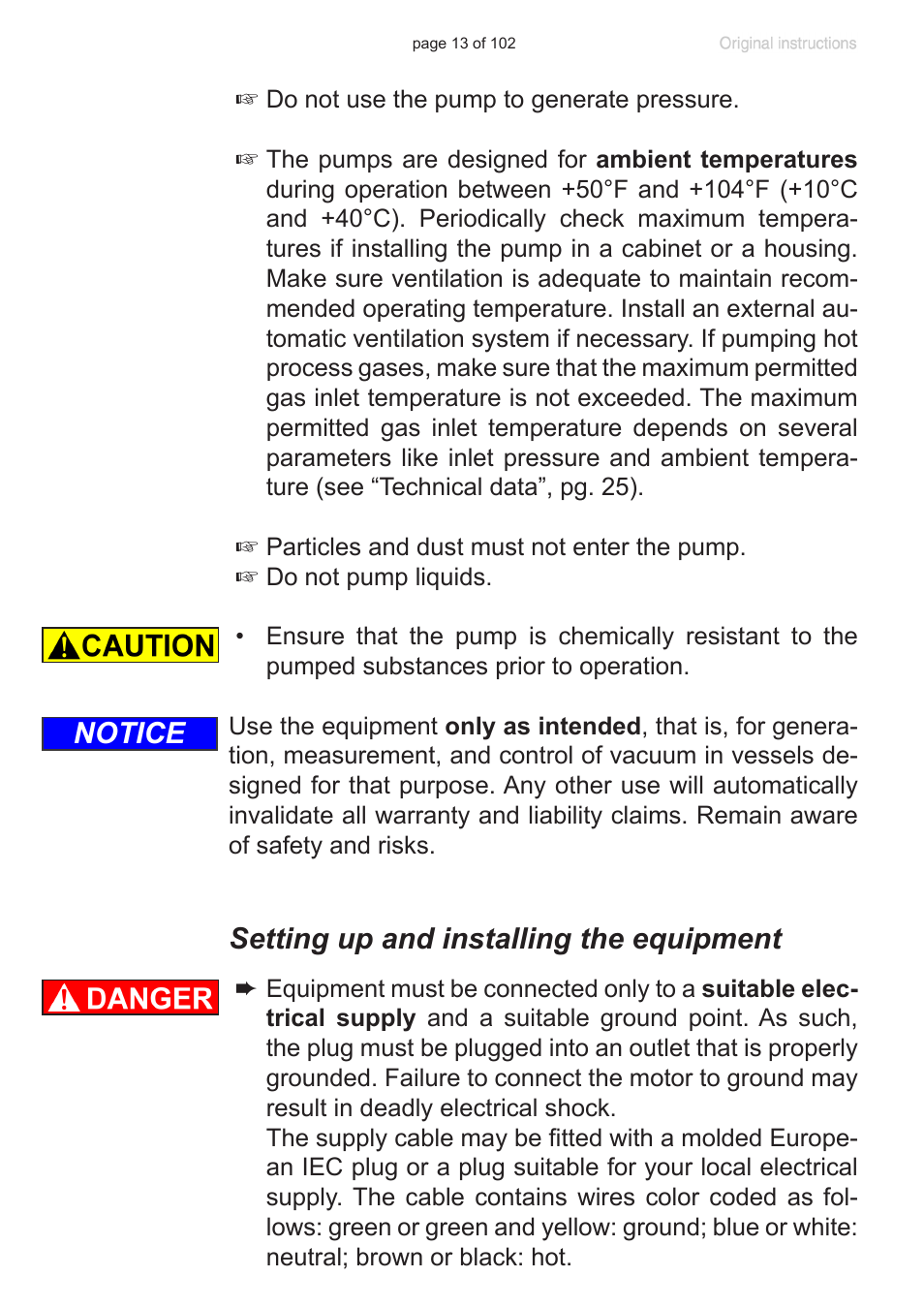 Setting up and installing the equipment, Notice | VACUUBRAND PC 600 LAN NT User Manual | Page 13 / 102