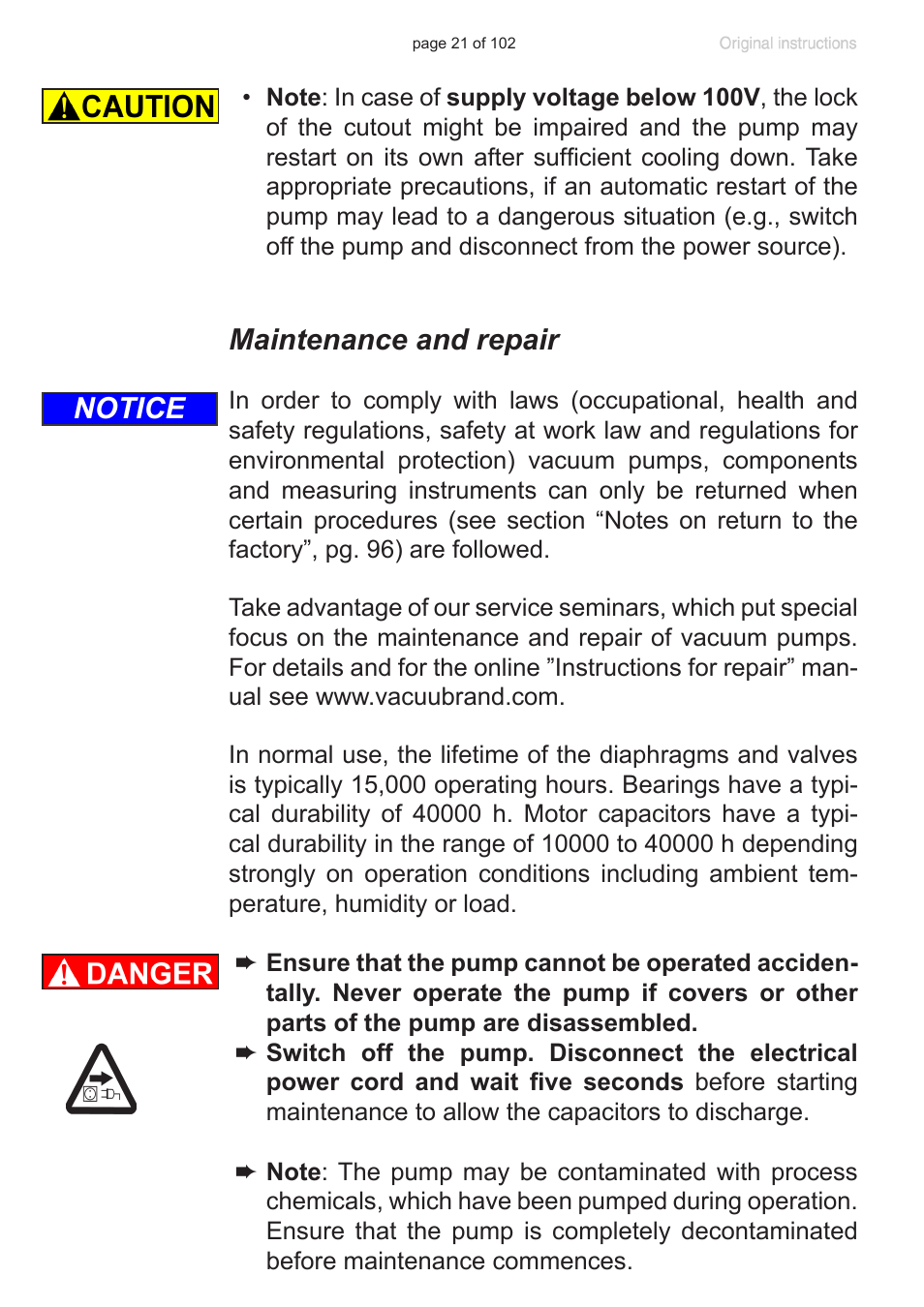 Maintenance and repair, Notice | VACUUBRAND PC 600 LAN NT User Manual | Page 21 / 102