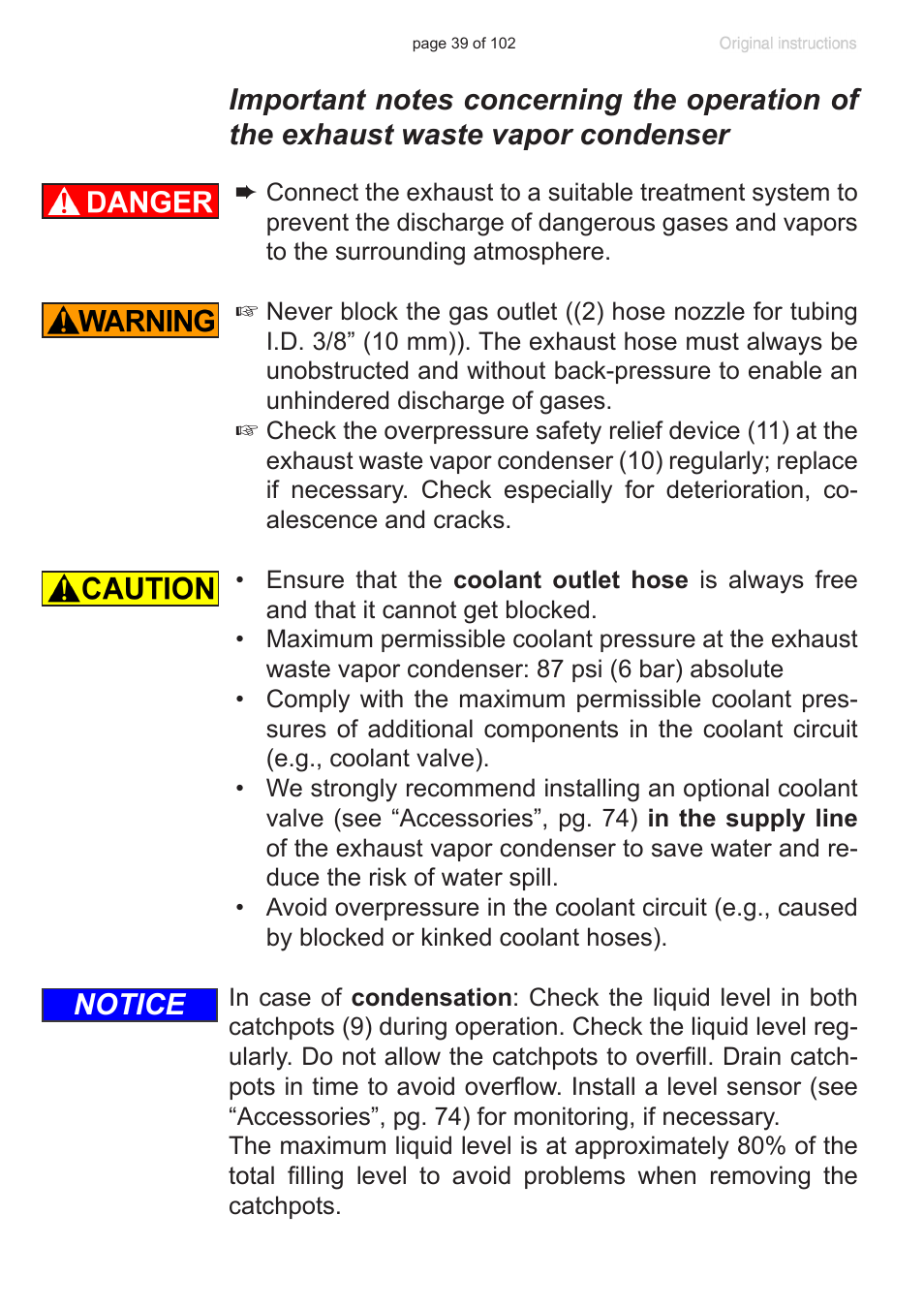 Important notes concerning the operation, Of the exhaust waste vapor condenser, Notice | VACUUBRAND PC 600 LAN NT User Manual | Page 39 / 102