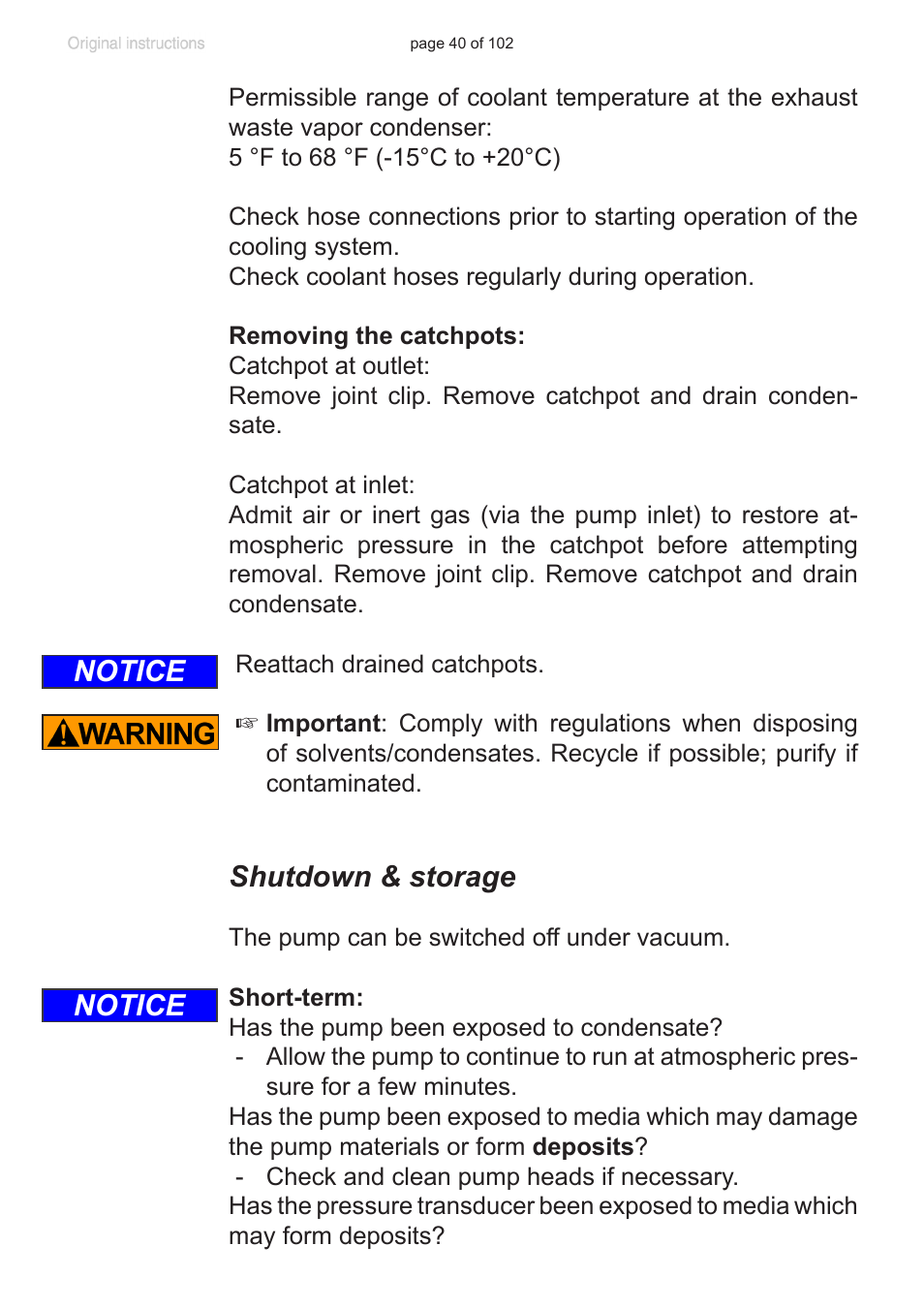 Shutdown & storage, Notice | VACUUBRAND PC 600 LAN NT User Manual | Page 40 / 102