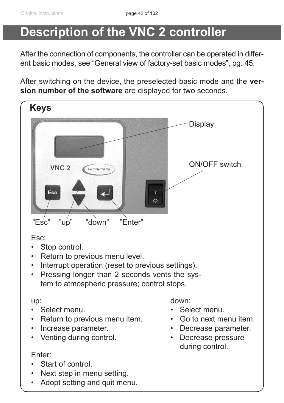Description of the vnc 2 controller, Keys | VACUUBRAND PC 600 LAN NT User Manual | Page 42 / 102