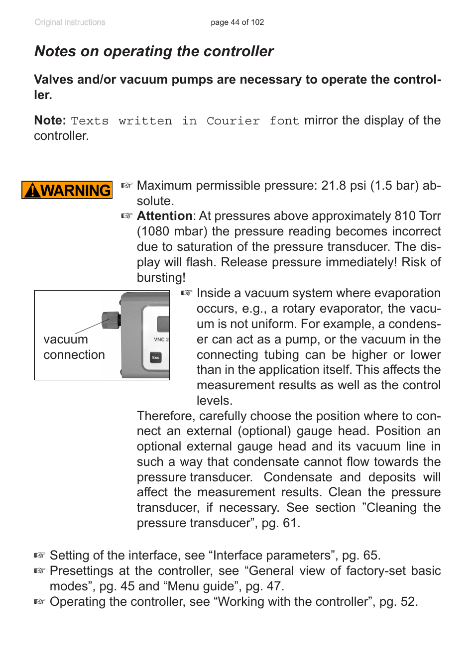 Notes on operating the controller | VACUUBRAND PC 600 LAN NT User Manual | Page 44 / 102