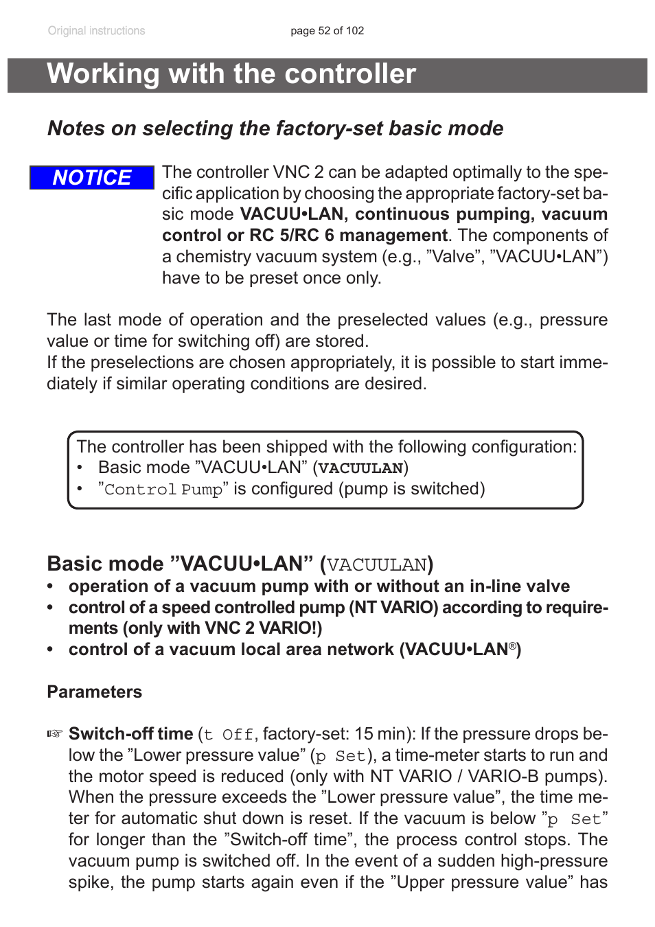 Working with the controller, See “working with the controller”, pg. 52, Notice basic mode ”vacuu•lan” ( vacuulan ) | VACUUBRAND PC 600 LAN NT User Manual | Page 52 / 102