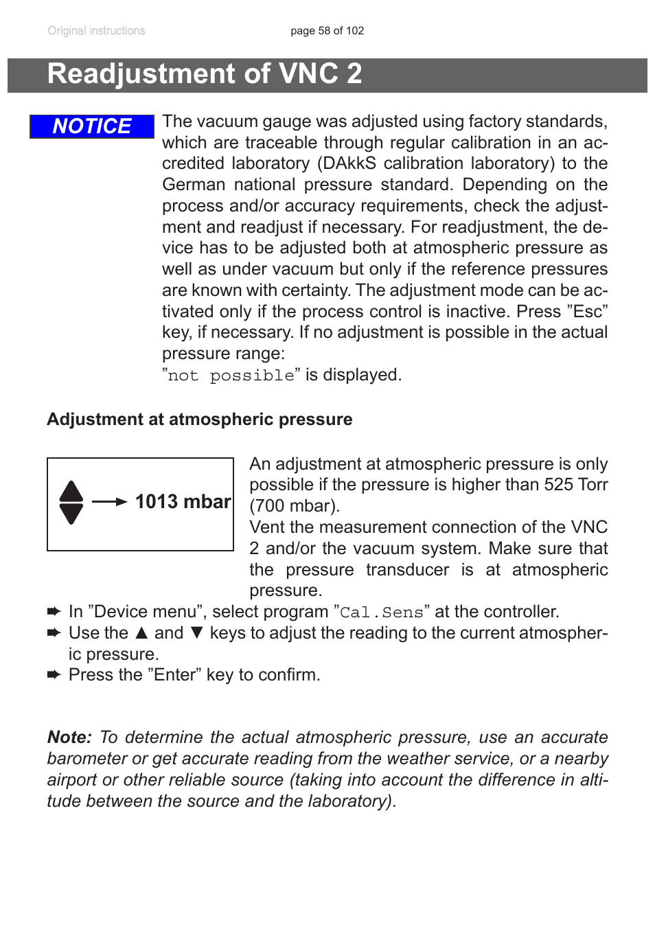 Readjustment of vnc 2, Notice | VACUUBRAND PC 600 LAN NT User Manual | Page 58 / 102