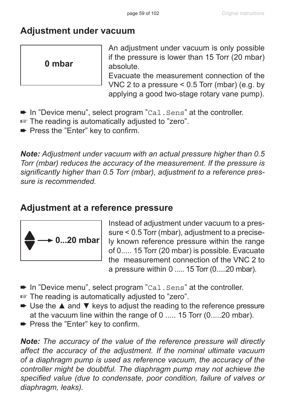 Adjustment under vacuum, Adjustment at a reference pressure | VACUUBRAND PC 600 LAN NT User Manual | Page 59 / 102
