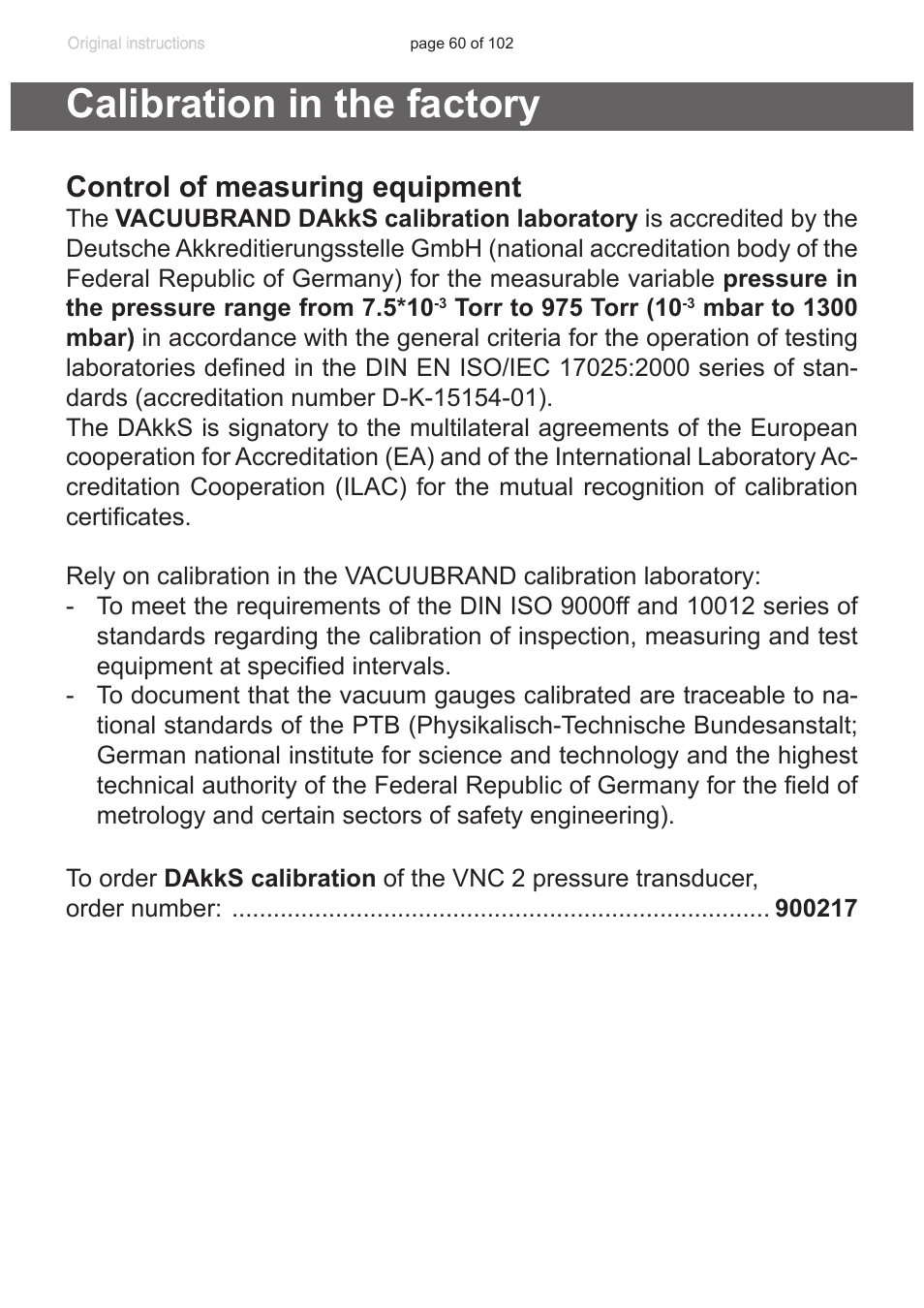 Calibration in the factory, Control of measuring equipment | VACUUBRAND PC 600 LAN NT User Manual | Page 60 / 102