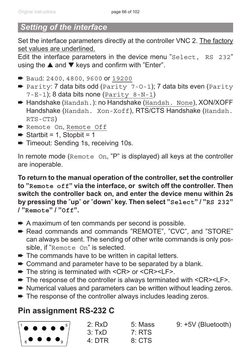 Setting of the interface, Pin assignment rs-232 c | VACUUBRAND PC 600 LAN NT User Manual | Page 66 / 102