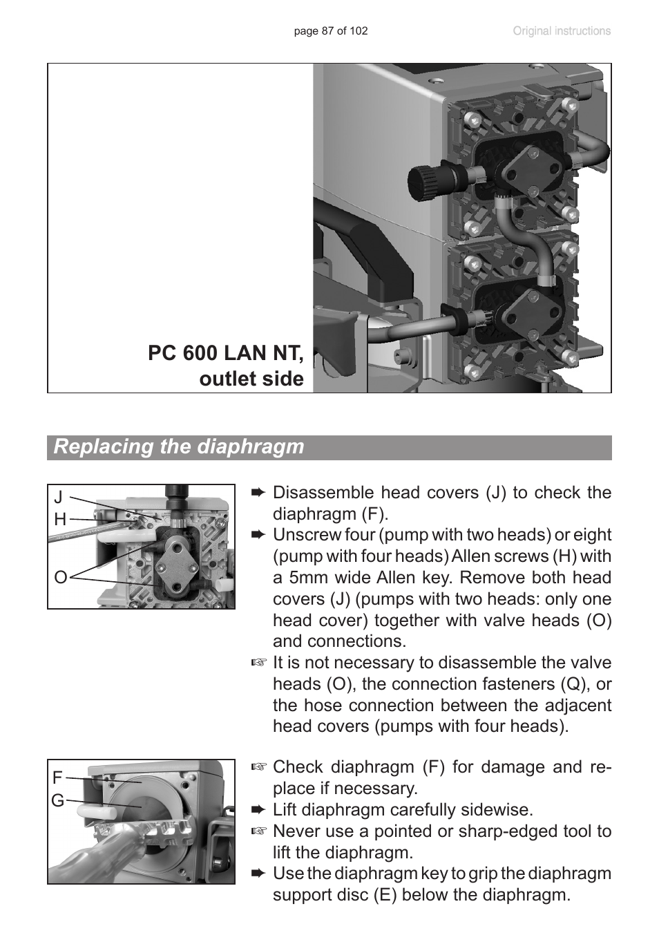 Replacing the diaphragm, Pc 600 lan nt, outlet side | VACUUBRAND PC 600 LAN NT User Manual | Page 87 / 102