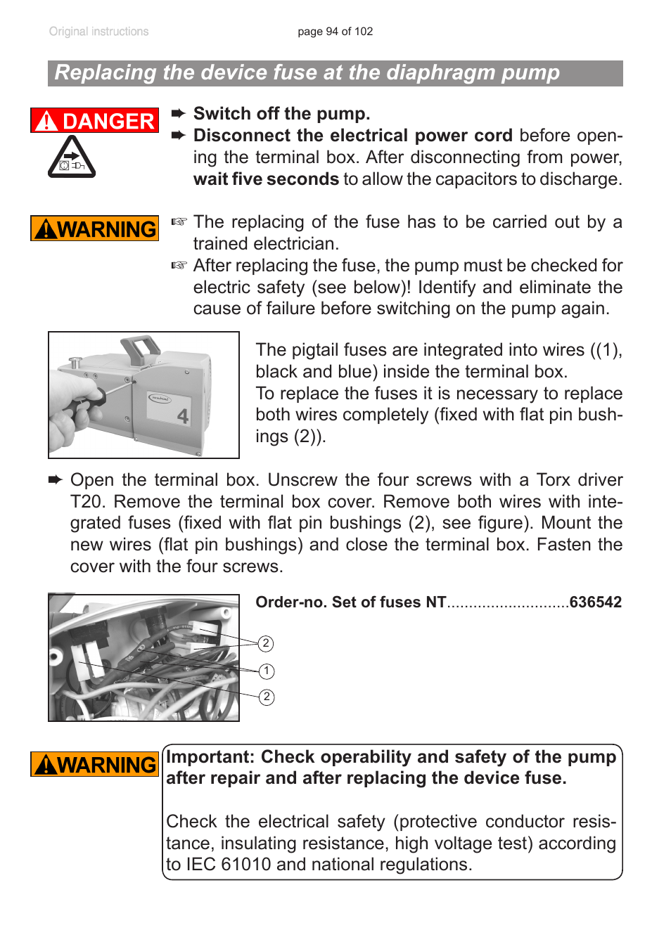 Replacing the device fuse at the diaphragm pump | VACUUBRAND PC 600 LAN NT User Manual | Page 94 / 102