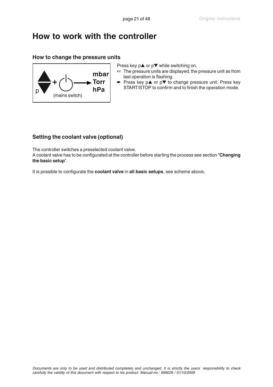 How to work with the controller, Mbar torr hpa | VACUUBRAND PC 620 User Manual | Page 21 / 48