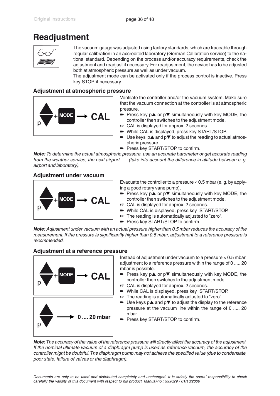 Readjustment | VACUUBRAND PC 620 User Manual | Page 36 / 48