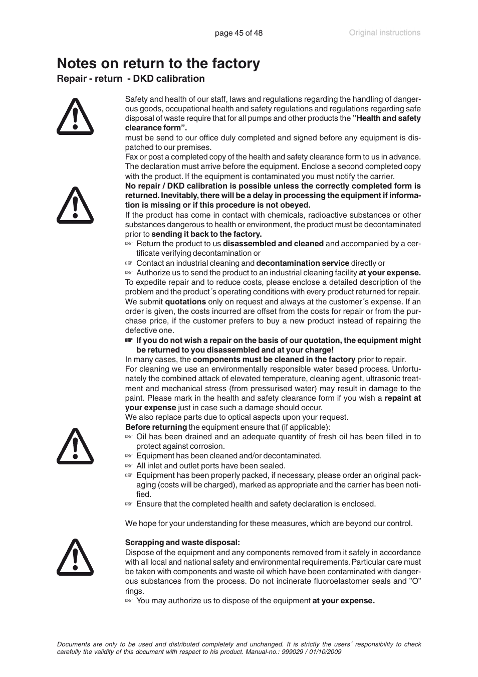 Notes on return to the factory | VACUUBRAND PC 620 User Manual | Page 45 / 48