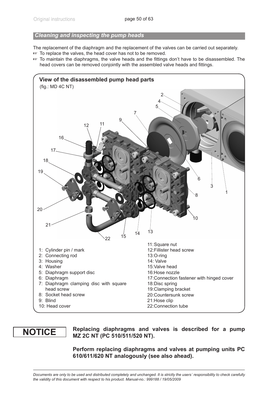 Cleaning and inspecting the pump heads, Notice | VACUUBRAND PC 620 NT User Manual | Page 50 / 63