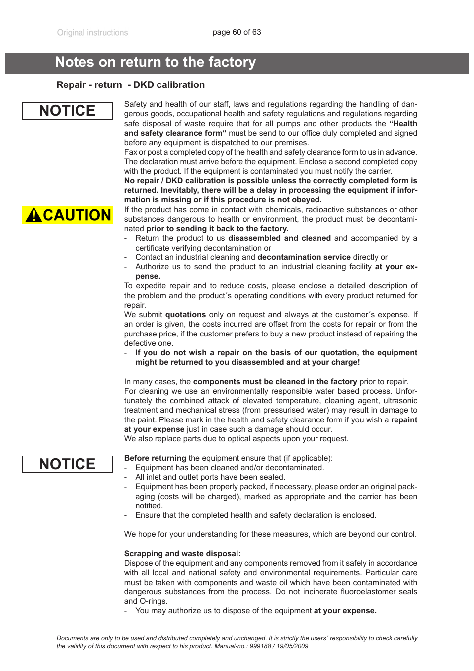 Notes on return to the factory, Notice | VACUUBRAND PC 620 NT User Manual | Page 60 / 63