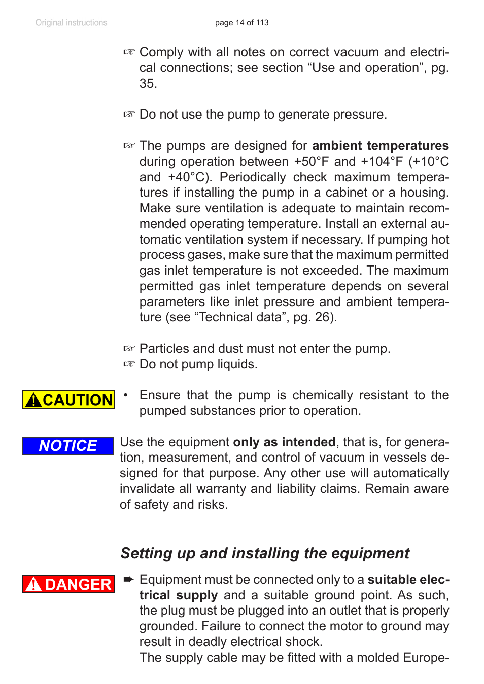 Setting up and installing the equipment, Notice | VACUUBRAND PC 620 NT plastic housing User Manual | Page 14 / 113