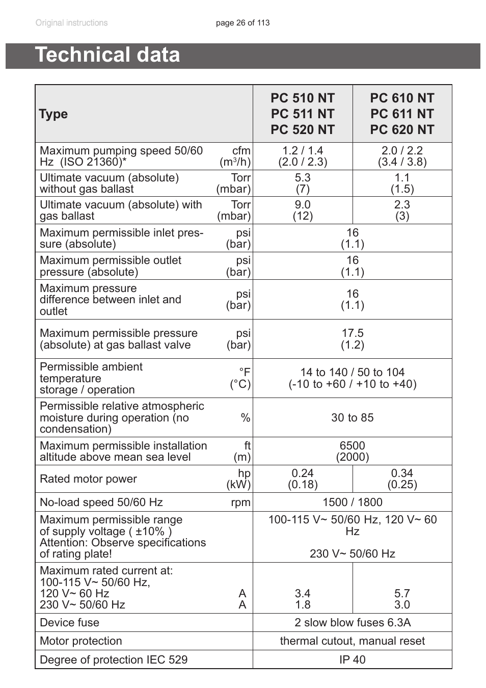 Technical data, Protection, “technical data”, pg. 26), Data”, pg. “techni | Cal data”, pg. 26 | VACUUBRAND PC 620 NT plastic housing User Manual | Page 26 / 113