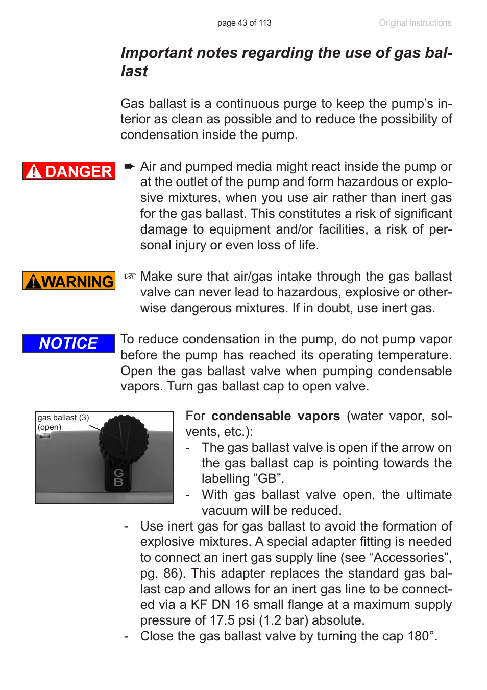 Important notes regarding the use of gas ballast, Notice | VACUUBRAND PC 620 NT plastic housing User Manual | Page 43 / 113