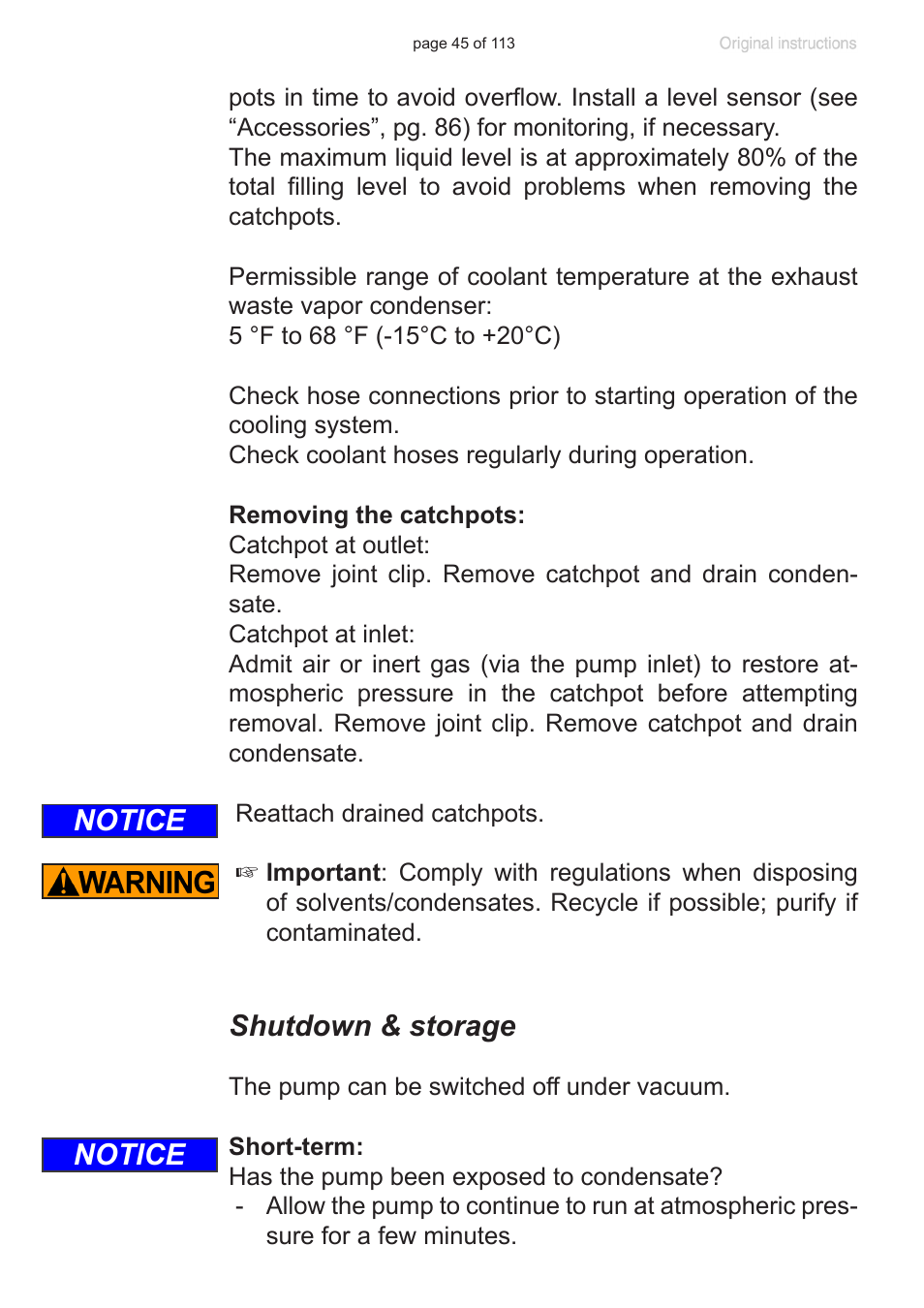 Shutdown & storage, Notice | VACUUBRAND PC 620 NT plastic housing User Manual | Page 45 / 113
