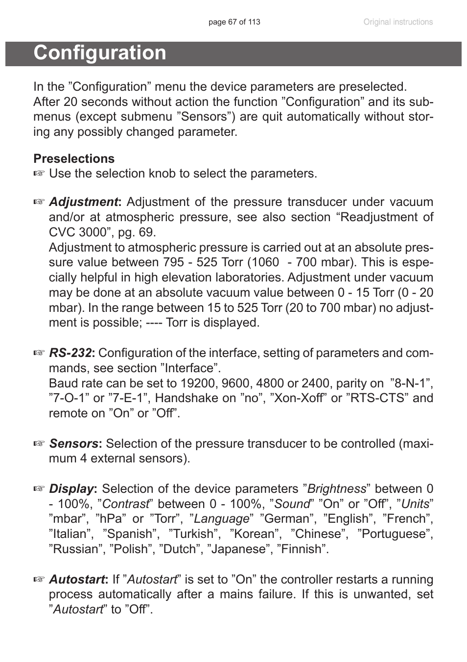 Configuration | VACUUBRAND PC 620 NT plastic housing User Manual | Page 67 / 113