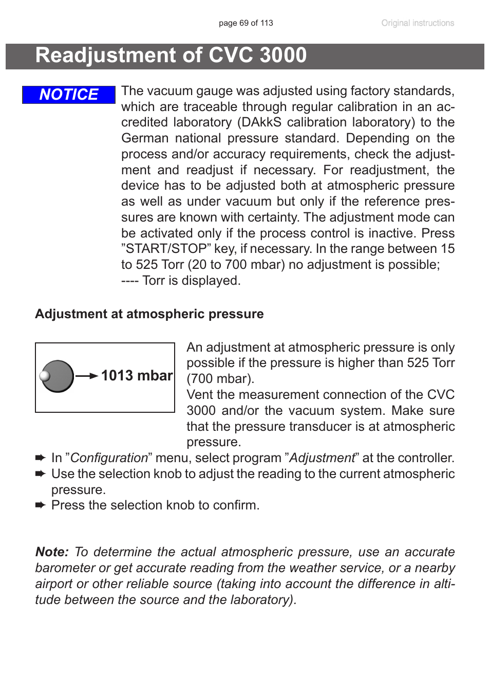 Readjustment of cvc 3000, Notice | VACUUBRAND PC 620 NT plastic housing User Manual | Page 69 / 113