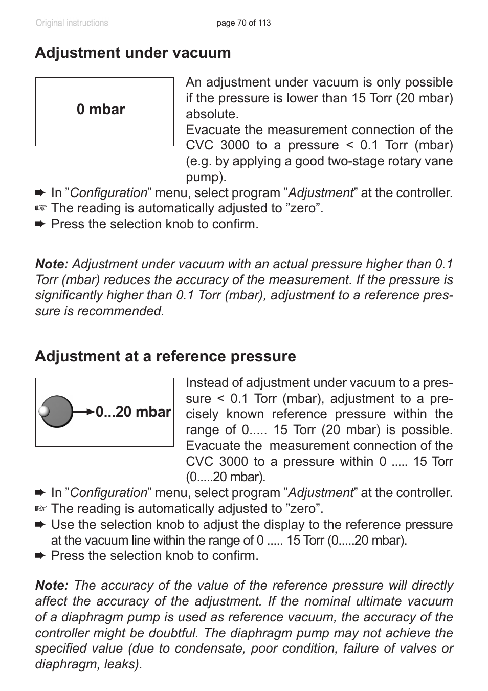 Adjustment under vacuum, Adjustment at a reference pressure | VACUUBRAND PC 620 NT plastic housing User Manual | Page 70 / 113