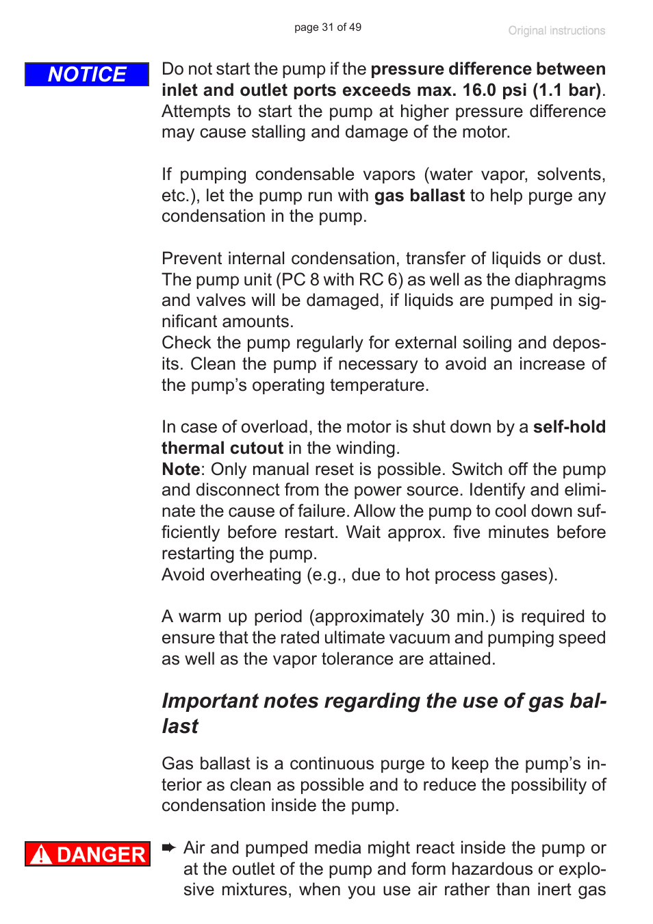 Important notes regarding the use of gas ballast, Notice | VACUUBRAND PC 8 m. RC 6 User Manual | Page 31 / 49