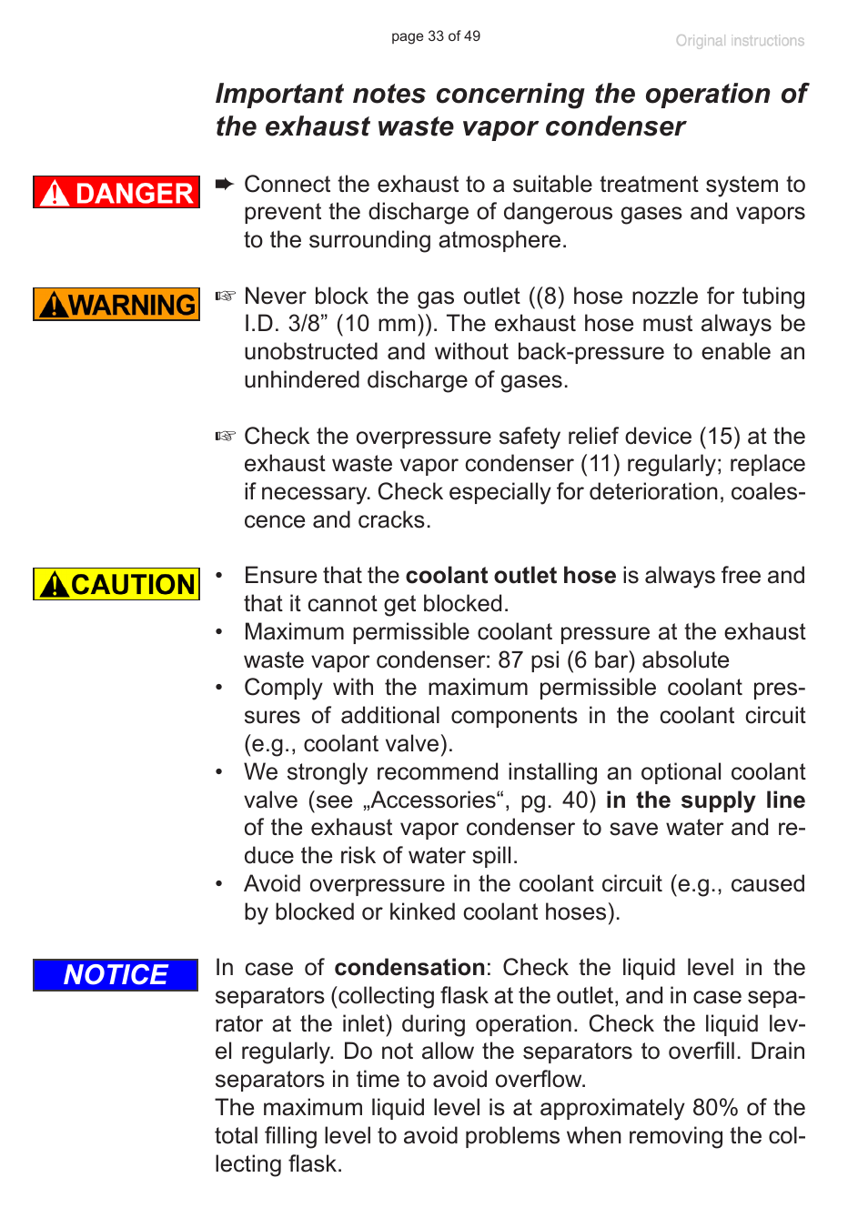 Important notes concerning the operation of the, Exhaust waste vapor condenser, Notice | VACUUBRAND PC 8 m. RC 6 User Manual | Page 33 / 49