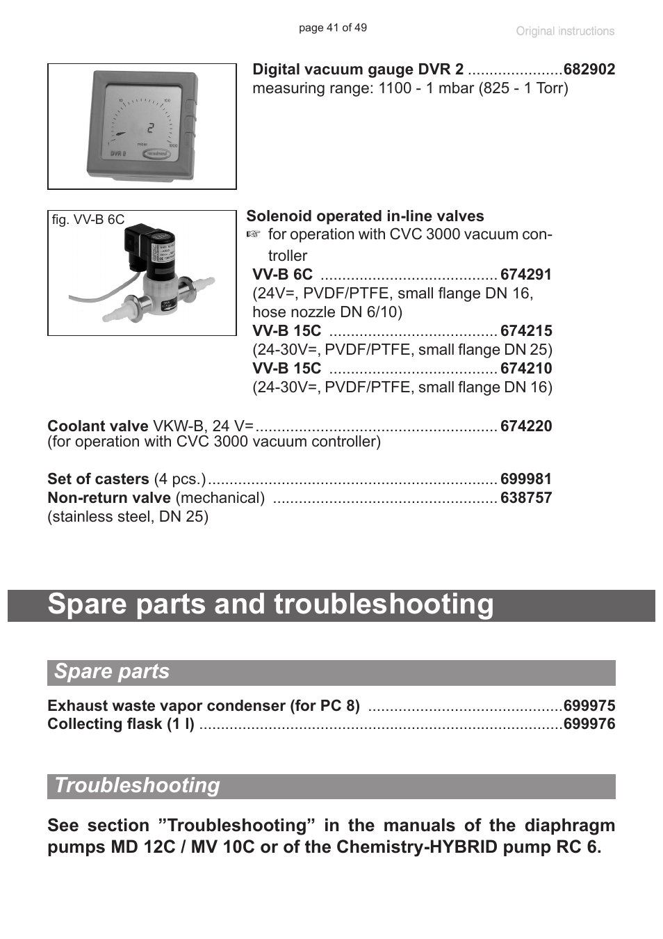 Spare parts and troubleshooting, Spare parts, Troubleshooting | VACUUBRAND PC 8 m. RC 6 User Manual | Page 41 / 49