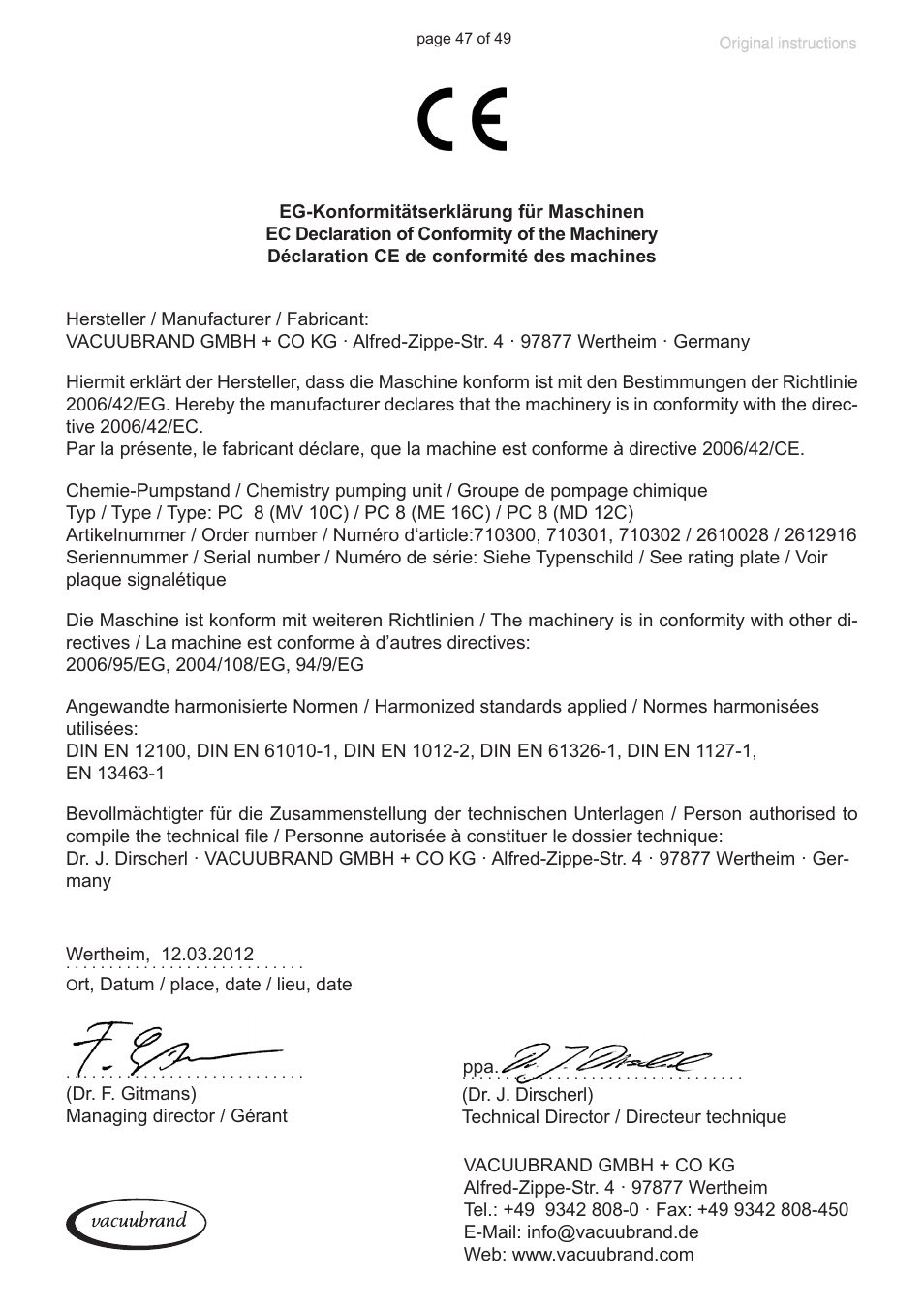 Ec declaration of conformity of the machinery | VACUUBRAND PC 8 m. RC 6 User Manual | Page 47 / 49