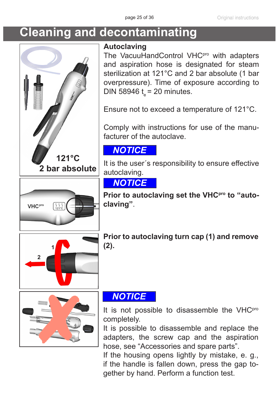 Cleaning and decontaminating, Notice, 121°c 2 bar absolute | VACUUBRAND VacuuHandControl VHCpro User Manual | Page 25 / 36