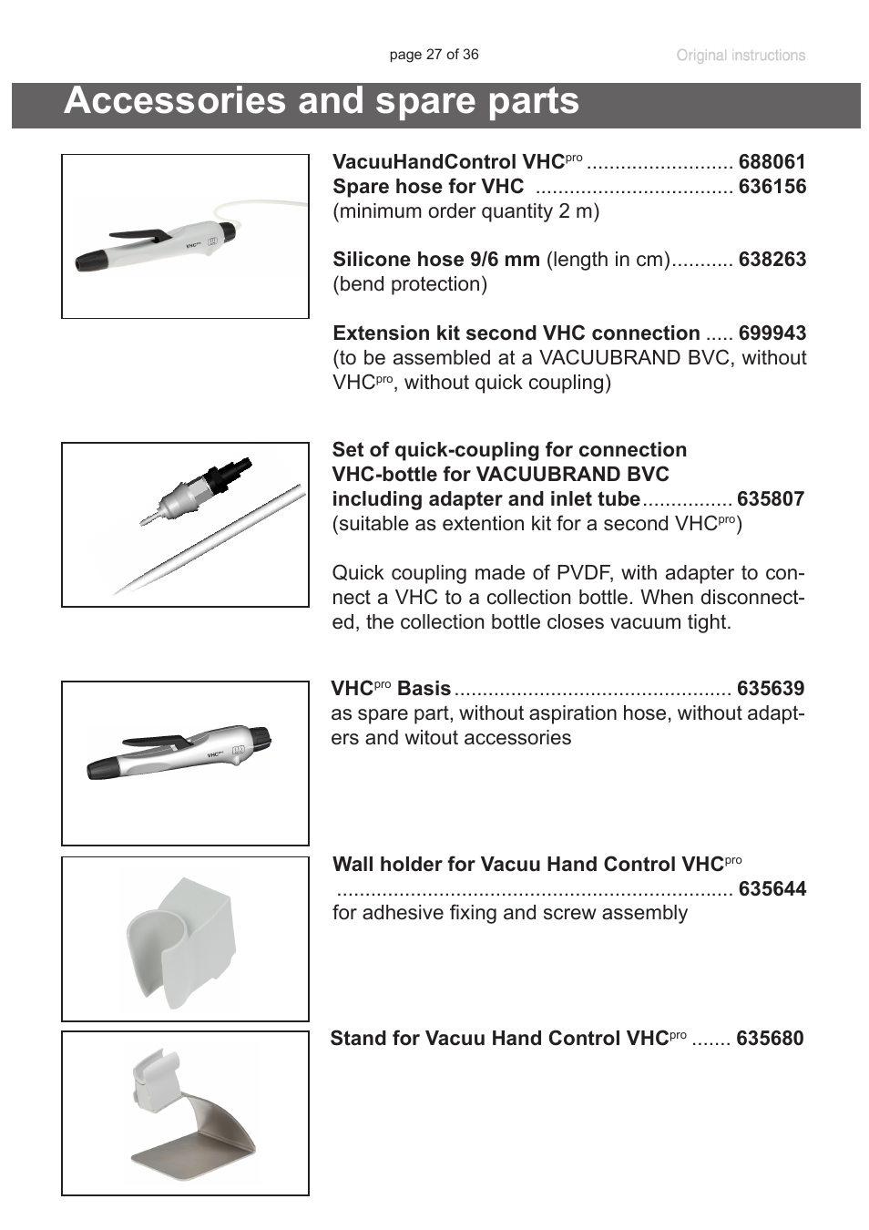 Accessories and spare parts | VACUUBRAND VacuuHandControl VHCpro User Manual | Page 27 / 36