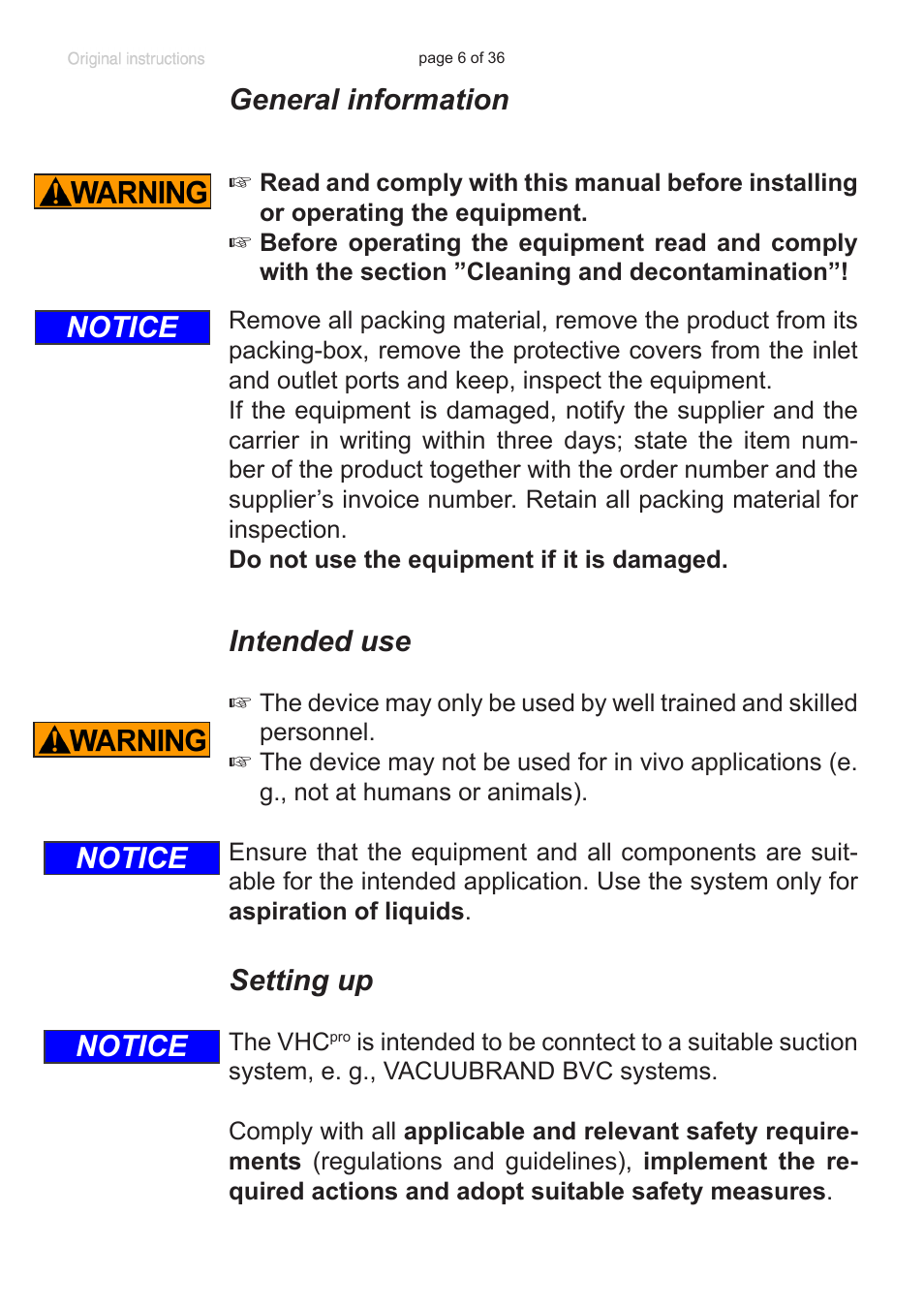 General information, Intended use, Setting up | Notice | VACUUBRAND VacuuHandControl VHCpro User Manual | Page 6 / 36
