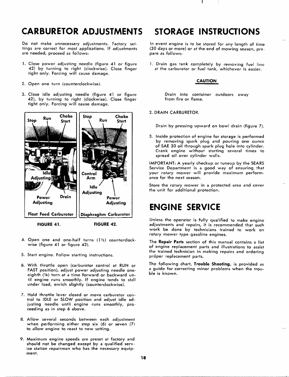 Carburetor adjustments storage instruaions, Engine service | Craftsman 247.88110 User Manual | Page 18 / 36