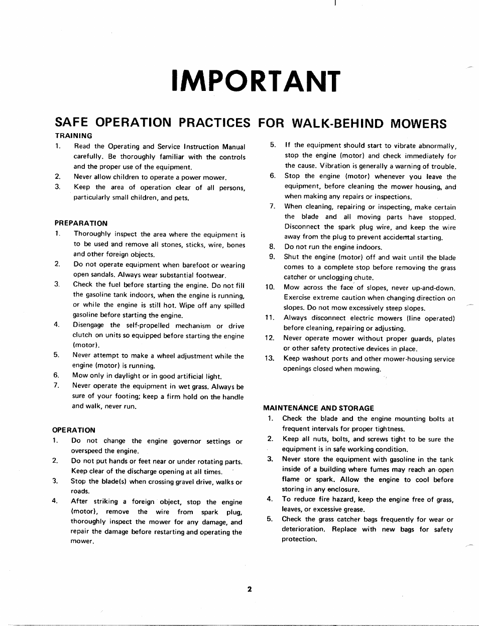 Safe operation practices for walk-behind mowers, Important | Craftsman 247.88110 User Manual | Page 2 / 36