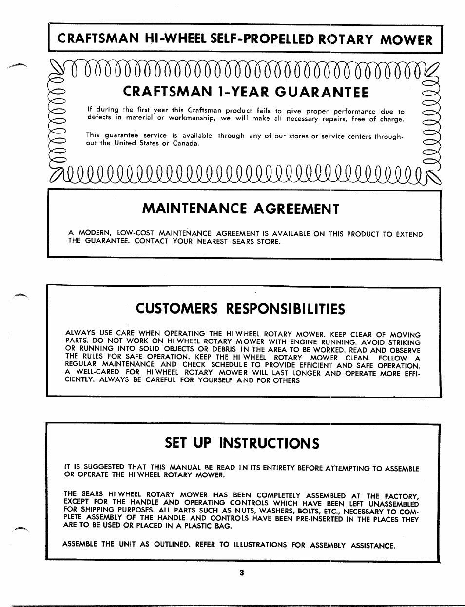 Craftsman 1-year guarantee, Maintenance agreement, Customers responsibilities | Set up instructions, Iiwwmwmt, Imhwmmw | Craftsman 247.88110 User Manual | Page 3 / 36