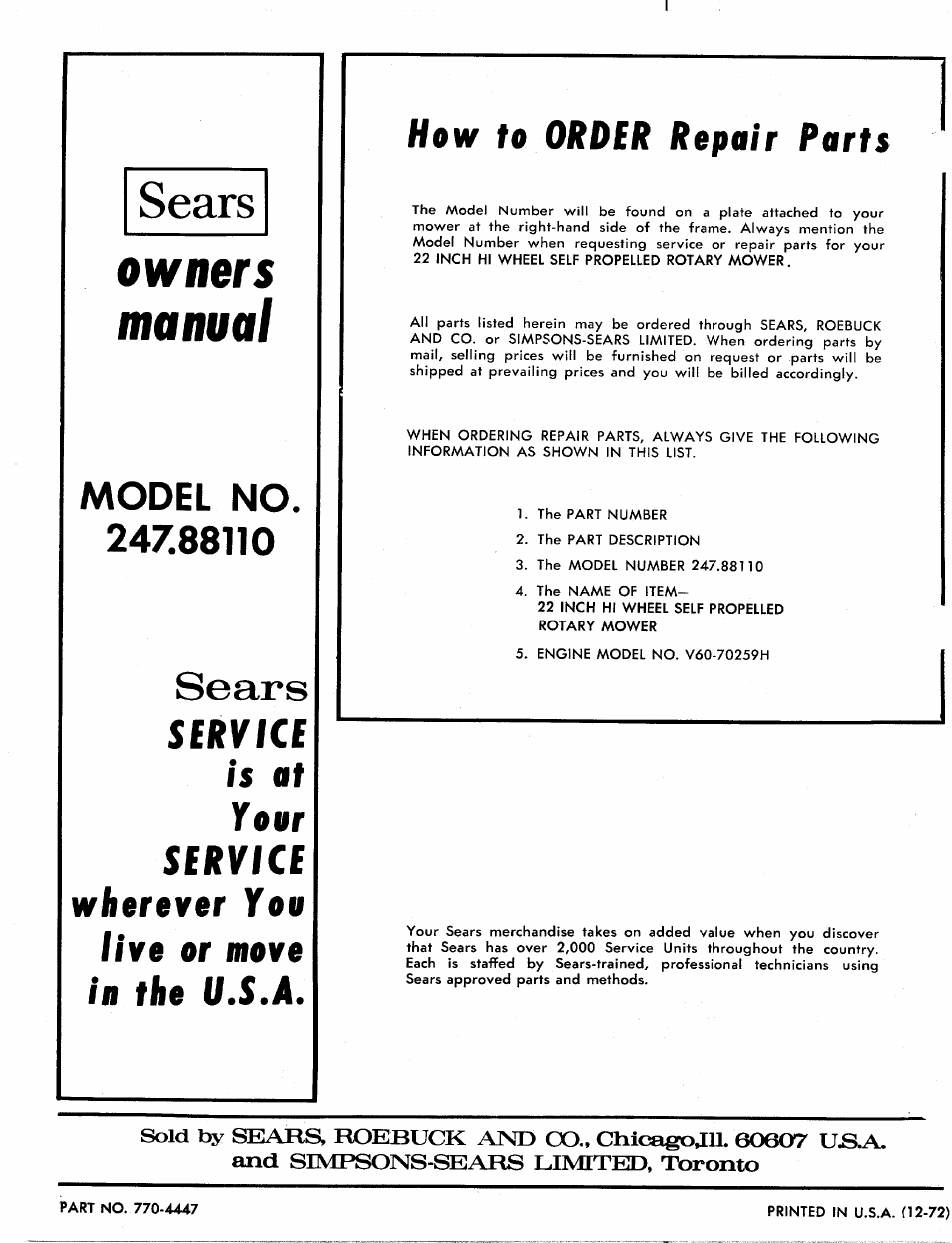 Model no. 247.88110, Sears, Owners manual | Model no | Craftsman 247.88110 User Manual | Page 36 / 36