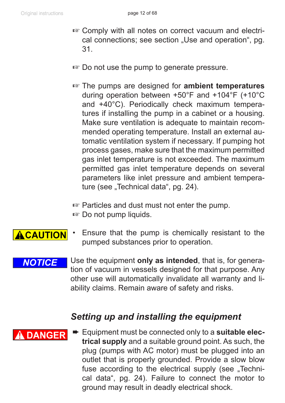 Setting up and installing the equipment, Notice | VACUUBRAND MD 1 VARIO-SP User Manual | Page 12 / 68
