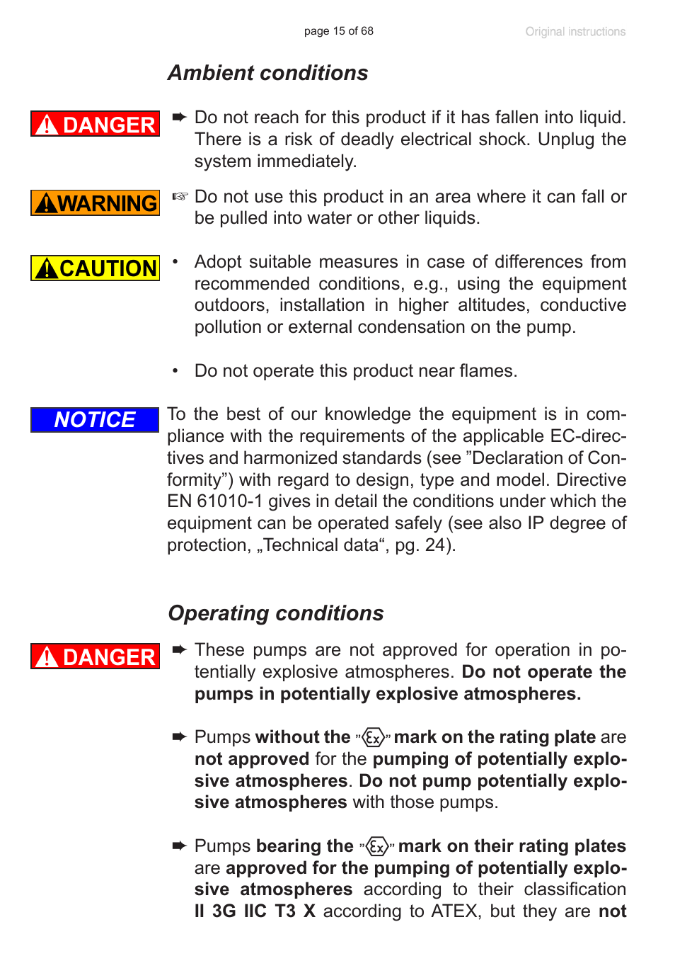 Ambient conditions, Operating conditions, Notice | VACUUBRAND MD 1 VARIO-SP User Manual | Page 15 / 68