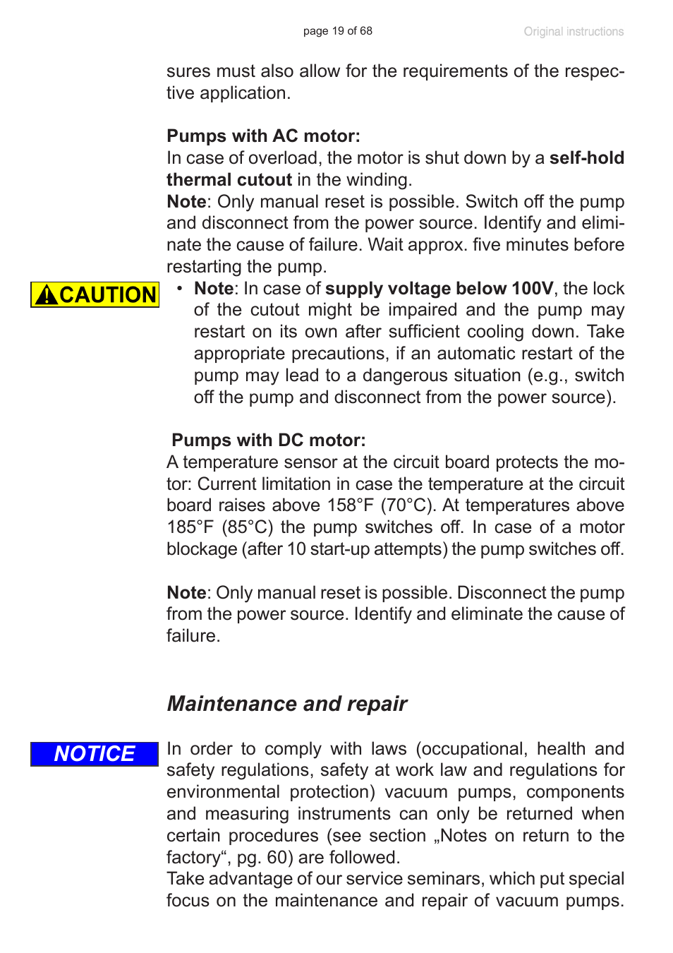 Maintenance and repair, Notice | VACUUBRAND MD 1 VARIO-SP User Manual | Page 19 / 68