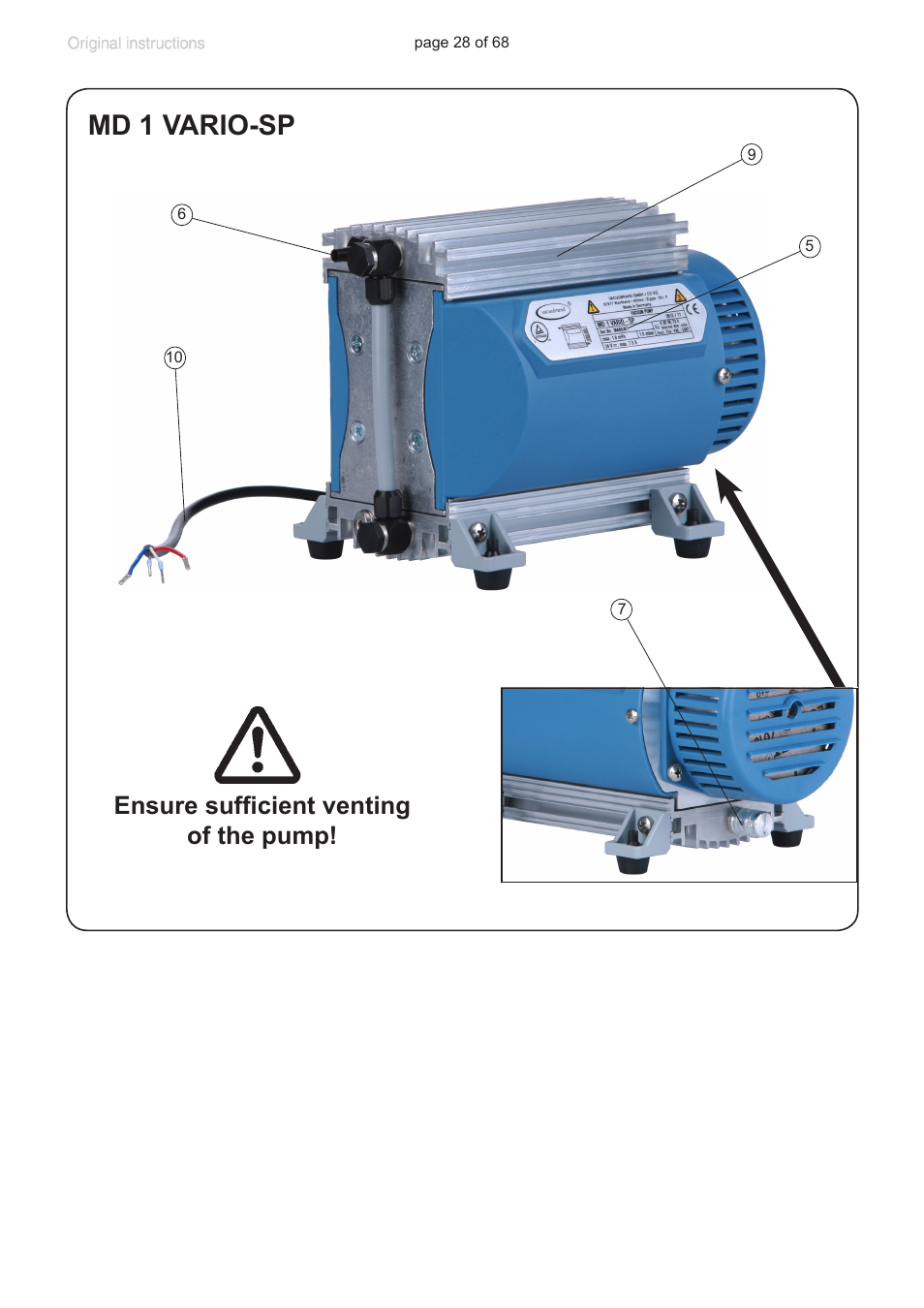 Md 1 vario-sp, Ensure sufficient venting of the pump | VACUUBRAND MD 1 VARIO-SP User Manual | Page 28 / 68