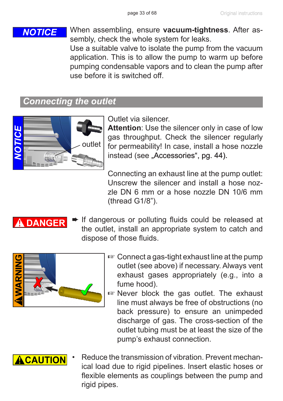 Connecting the outlet, Notice connecting the outlet, Notice | VACUUBRAND MD 1 VARIO-SP User Manual | Page 33 / 68