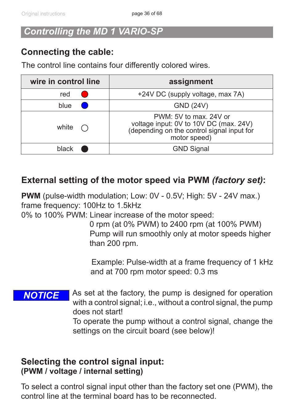 Controlling the md 1 vario-sp, Notice, Connecting the cable | Selecting the control signal input | VACUUBRAND MD 1 VARIO-SP User Manual | Page 36 / 68