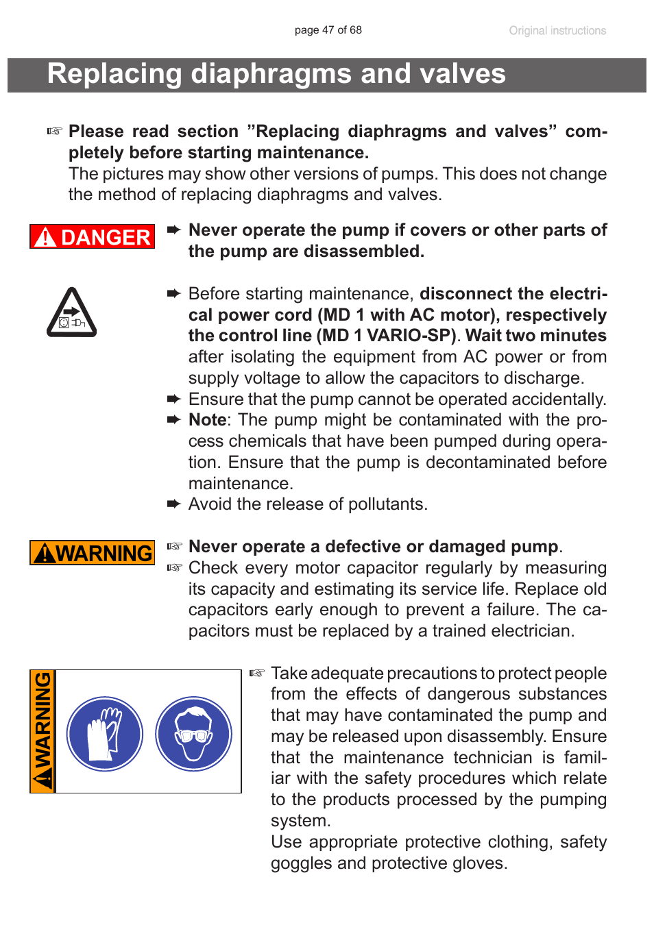 Replacing diaphragms and valves, See section „re, Placing diaphragms and valves“, pg. 47) | VACUUBRAND MD 1 VARIO-SP User Manual | Page 47 / 68